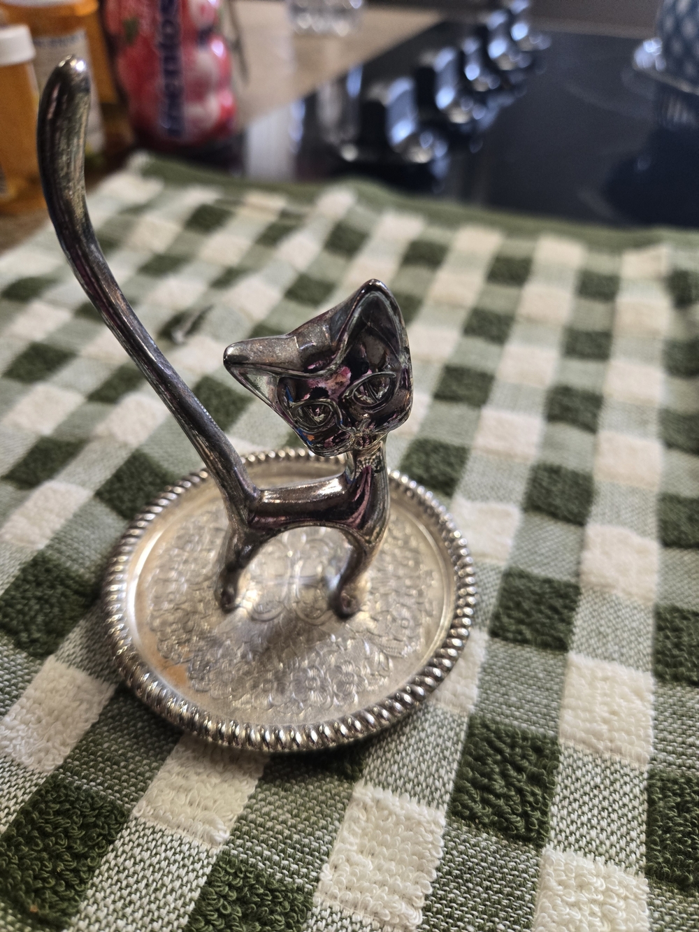 Silver Cat Ring Holder Jewelry Stand - Decorative Trinket Dish